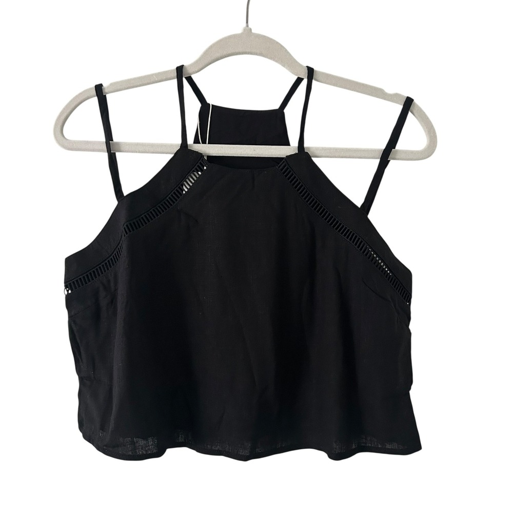 Halara Women's Double Strap Linen Blend Eyelet Cropped Tank Top Black XS New